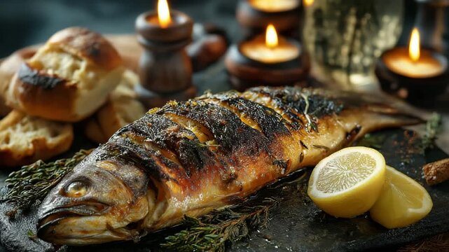 On a stone table, grilled entire fish was served with bread, water, and lemon. A customary Christian dinner during Lent or Good Friday