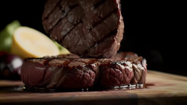 Grilled Beef Fillet Steaks Being Stacked on a Rustic Wooden Board