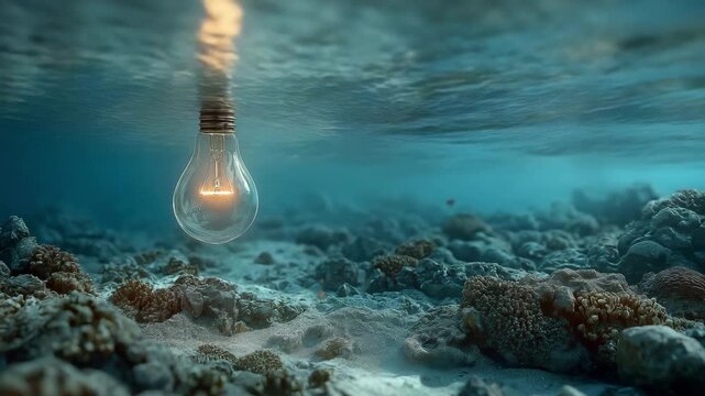 A bright lightbulb immersed in the water, surrounded by tiny fish
