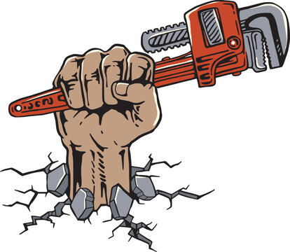 Human Fist Holding Pipe Wrench Breaking Ground Hand Drawn Vintage Industrial Power Vector Illustration
