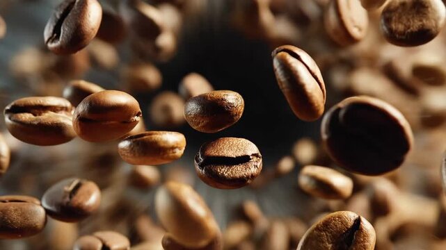 Coffee beans float in the air in a motion blur during the roasting process in a coffee shop at midday