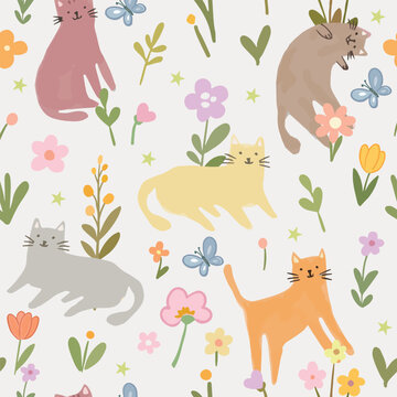 Funny meow cats having fun in flower garden seamless background