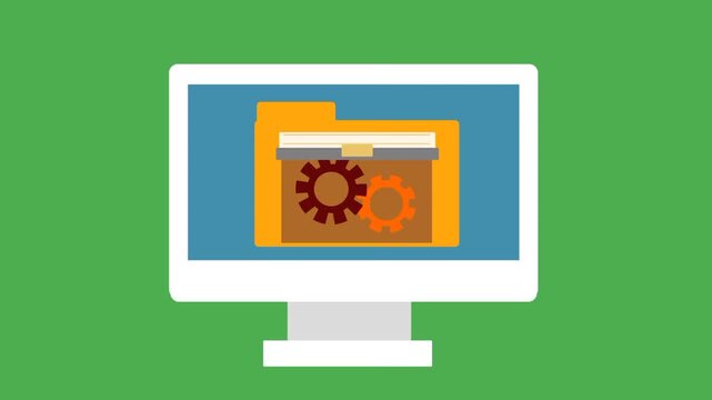 Animated document management system concept with folder and gear symbol displayed on green screen background. Digital workflow and organization illustration