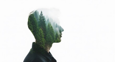 Double Exposure Forest in Person Silhouette, Nature Connection Concept, Human Landscape Art