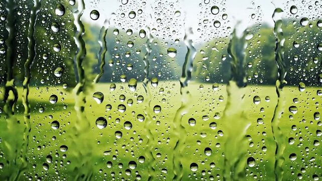 Close-up of rain-covered glass with blurry green background of trees and grass