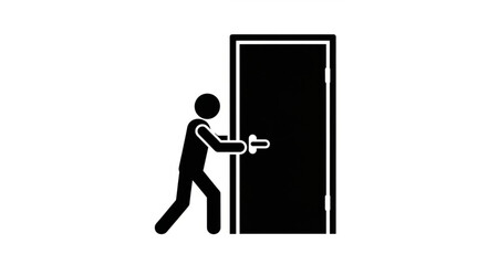 Stick figure opening a dark door with a handle.
