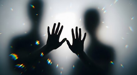 Hands Touching Through Frosted Glass, Silhouette Connection, Separation and Longing Concept