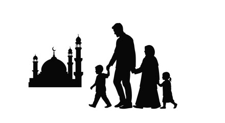 Muslim family walking towards a mosque a striking black silhouette © MdGolam