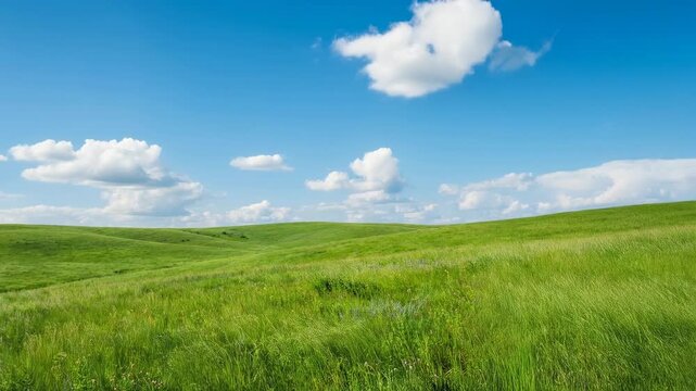 Beautiful rolling green hills under bright blue sky with fluffy white clouds on a sunny day