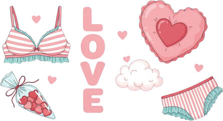 Collection of cute pink and white striped lingerie items heart candies in a bag a plush heart pillow and the word LOVE arranged playfully valentine romance underwear candy