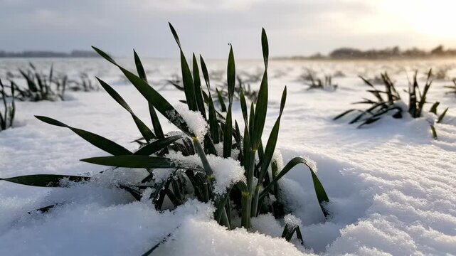 Winters Embrace - Snow-Kissed Plants in a Frozen Landscape.
