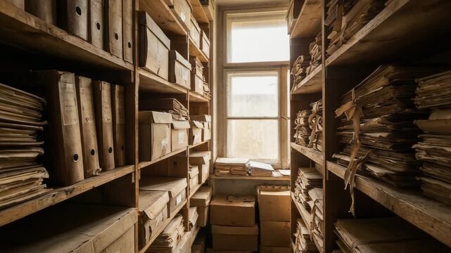Vintage archive room with old paper files and cardboard boxes on wooden shelves lit by natural window light