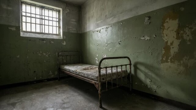 Abandoned prison cell with rusty bed and peeling paint in a gloomy empty room with barred window