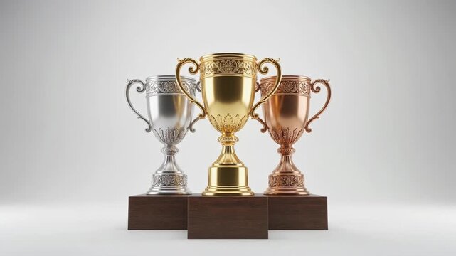 Gold silver and bronze trophies on wooden podiums for competition awards and success recognition