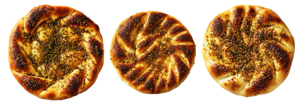 Manakish flatbreads bread slices topped with za'atar, cheese and sesame seeds, isolated on white transparent background