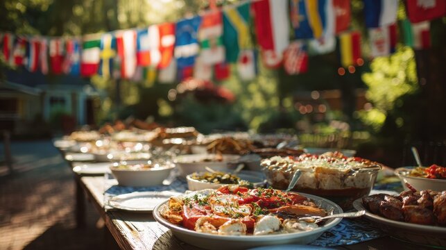 Elegant photo of Abundant buffet table with international dishes at an outdoor food festival under a string of world flags in a sunny garden .