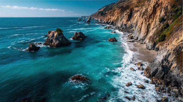 Elegant photo of Aerial view of a stunning rugged coastline with turquoise ocean, sea stacks, and a small sandy beach under a clear sky. .