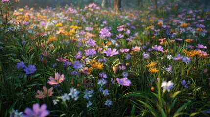 Elegant photo of Beautiful meadow of colorful wildflowers in soft morning sunlight at the edge of a forest .