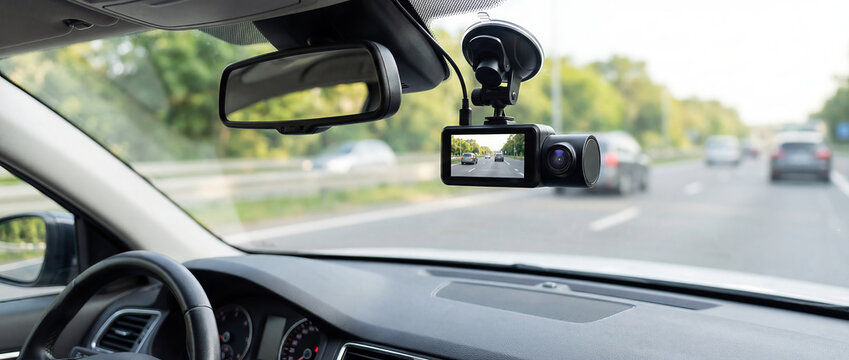 Car Dash Camera Mounted on Windshield for Driving Safety and Recording