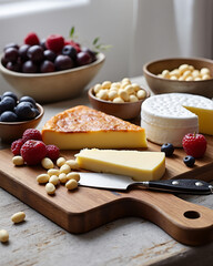 Gourmet Cheese Selection with Fresh Fruits and Nuts on Wooden Serving Board