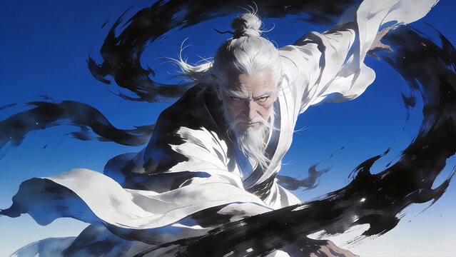 White-Haired Immortal Riding the Wind in Ink Wash Style