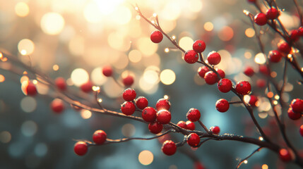 Fototapeta premium Red berry branch bokeh winter berry closeup sunlight flare background festive nature scene dewy twig sparkle holiday season mood warm golden light shallow focus branch macro red fruit frosty