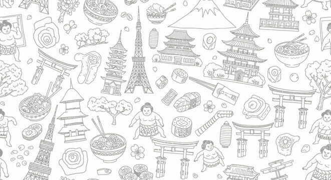 Cultural Icons, Japanese Cuisine, Architectural Landmarks, Illustration, Pattern