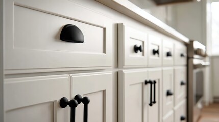 Elegant photo of Close-up of modern white kitchen cabinets with black hardware .