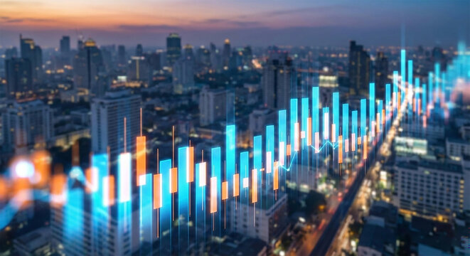 Financial stock market growth chart overlaying blurred city skyline at sunset showing economic trends and business analysis with blue and orange data bars for global investment trading