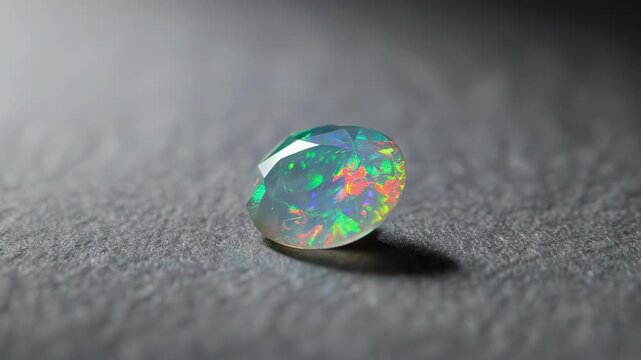 Faceted opal gemstone with vibrant play-of-color on a textured surface