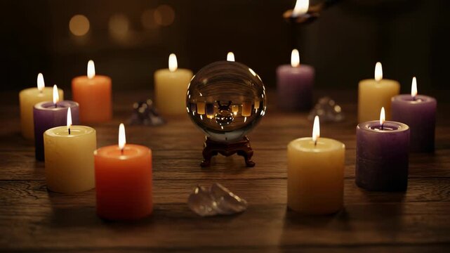 Crystal Ball and Burning Candles on Wooden Table