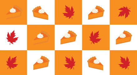 Seasonal autumn pattern with an orange and white checkered grid featuring slices of pumpkin pie and red maple leaves.