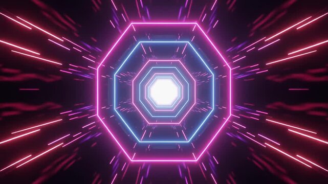 Dynamic abstract neon light tunnel with vibrant glowing octagons creating a futuristic portal effect, evoking a sense of digital journey and virtual reality exploration