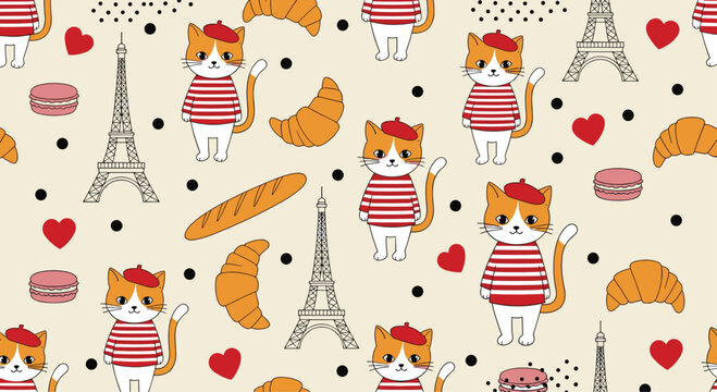Paris themed pattern with cats in berets and striped shirts, Eiffel Tower, croissants, baguettes, macarons, and hearts.