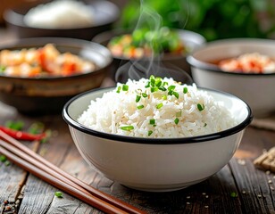 Steamed Rice with Side Dishes in Rustic Asian Kitchen 