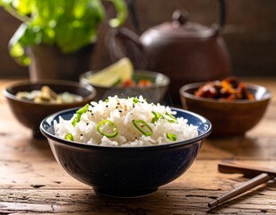 Steamed Rice with Side Dishes in Rustic Asian Kitchen 