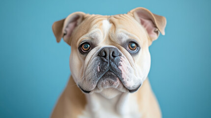 Obraz premium Dog bulldog puppy pet animal portrait adorable cute brown blue background calm bulldog puppy portrait with soft lighting and expressive eyes looking forward in studio setting