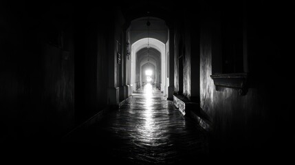 Obraz premium Elegant photo of Dramatic black and white photograph of a long, dark arched hallway with light at the end and reflective wet floor .