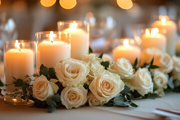 Fototapeta premium White rose wedding candle romantic decor floral centerpiece soft light glowing candle evening celebration elegant table ivory flower wedding reception White rose wedding candle romantic decor