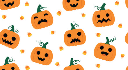 Fototapeta premium Playful halloween pattern featuring orange jack o lanterns with different expressions and candy corn on white background.