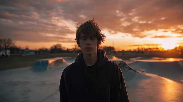Skater at a skate park during sunset with clouds and warm colors in the background expressing a moment of reflection