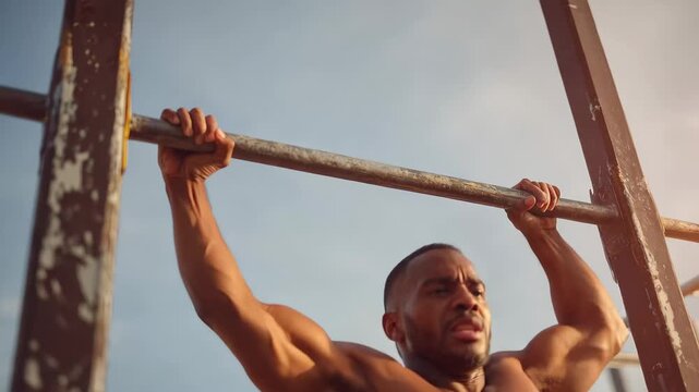 Man performing pull-ups at a park during sunset, showcasing strength and fitness in an outdoor workout session