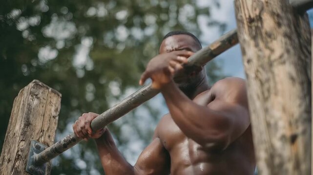 Man performs pull-ups on wooden bars in a park during the day with trees in the background and a clear sky
