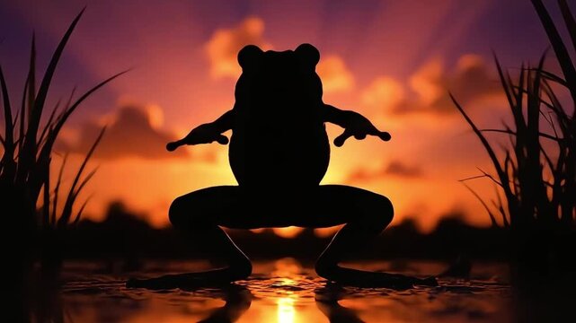 A frog does a happy dance at dusk on a serene pond