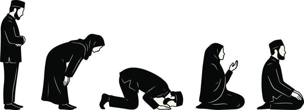   Islamic Prayer Positions Silhouette Vector Set 2026 Muslim Men and Women Performing Salah Namaz Postures, Ruku, Sujud, and Dua Black Illustration Isolated on White Background 2026