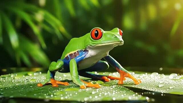 Vibrant frog starts to dance on a dewy leaf in a lush green environment
