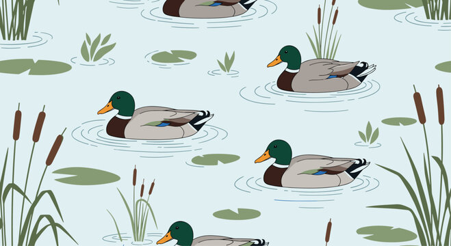 Seamless nature pattern featuring mallard ducks swimming in a blue pond with green lily pads and tall reeds.