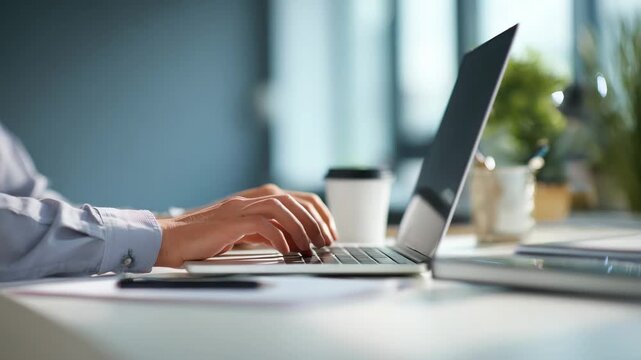 Person types on a laptop at a desk with a cup of coffee and stationery in a workspace during daylight hours