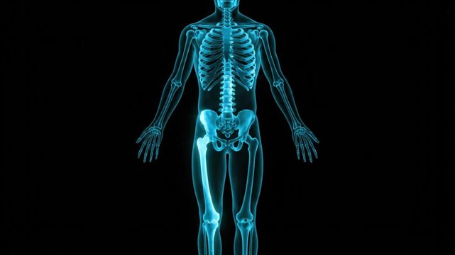 Detailed digital rendering of a glowing blue human skeleton against a black background.