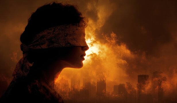 Woman with blindfold in a dramatic orange light environment concept